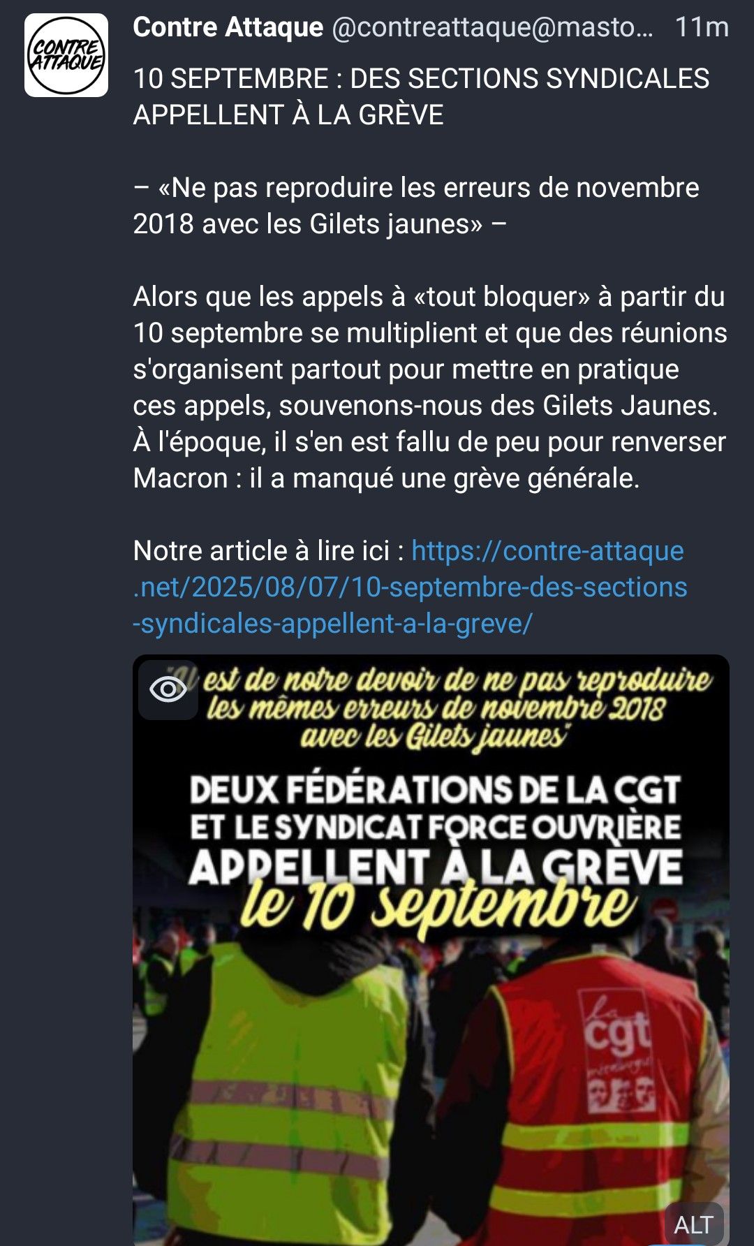 Capture d'écran d'un pouet Mastodon de Contre Attaque qui appelle à manifester le 10 septembre et à ne pas reproduire les erreurs faites pendant les Gillets Jaune