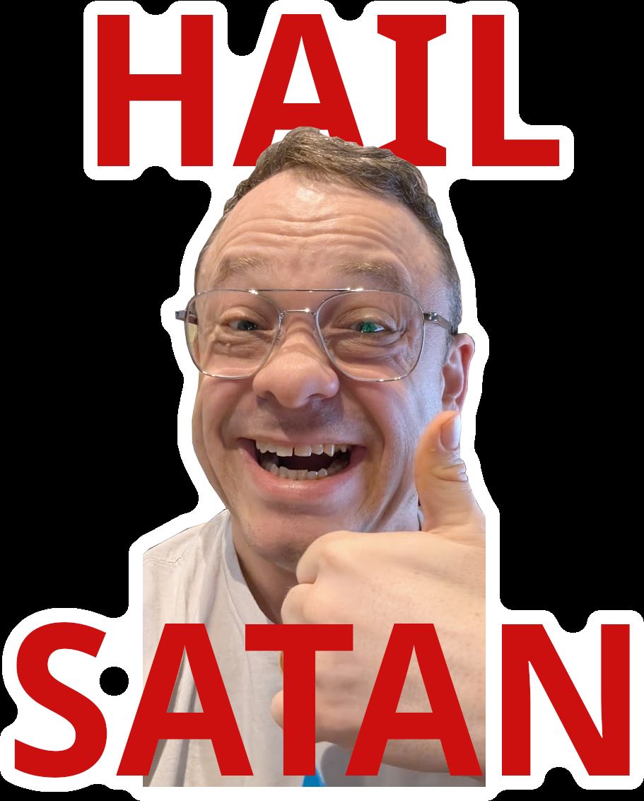 A sticker with Lorenzo wearing spectacles and showing thumbs up. The text (in red sans-serif font) says: “Hail Satan”. 