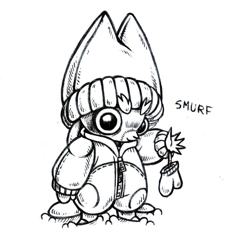 an ink drawing of a humanoid rabbit named Smurt, wearing a very big fullbody snowsuit and a tuque with a top that resembles cat ears. Smurf is very small, and is waving hello, a mitten hanging from their wrist.