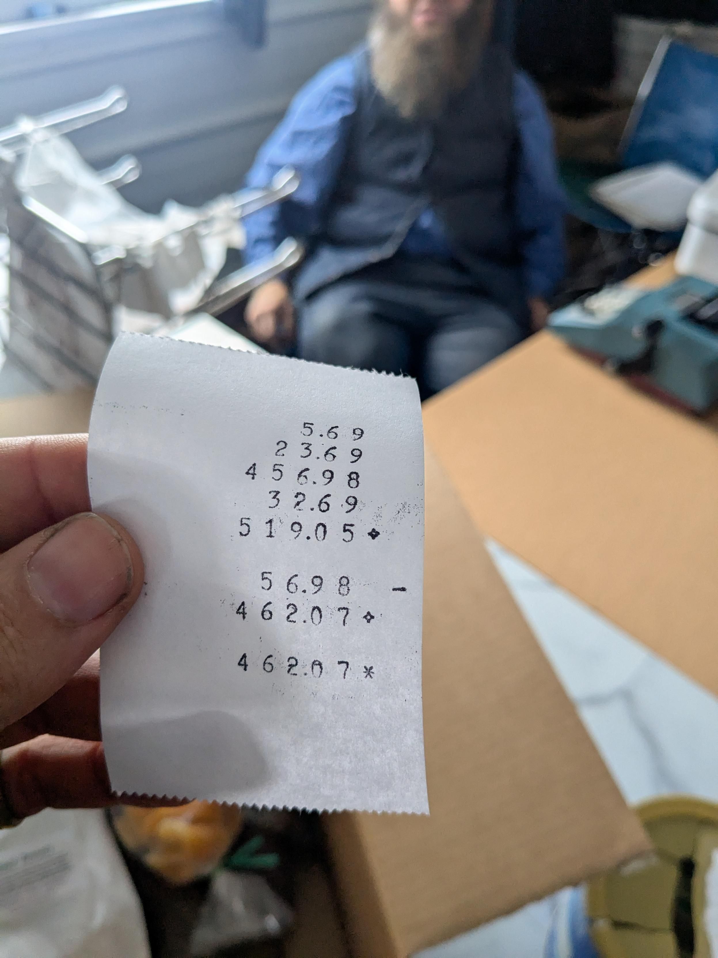 A paper typewritten recipt calculated with no electricity 