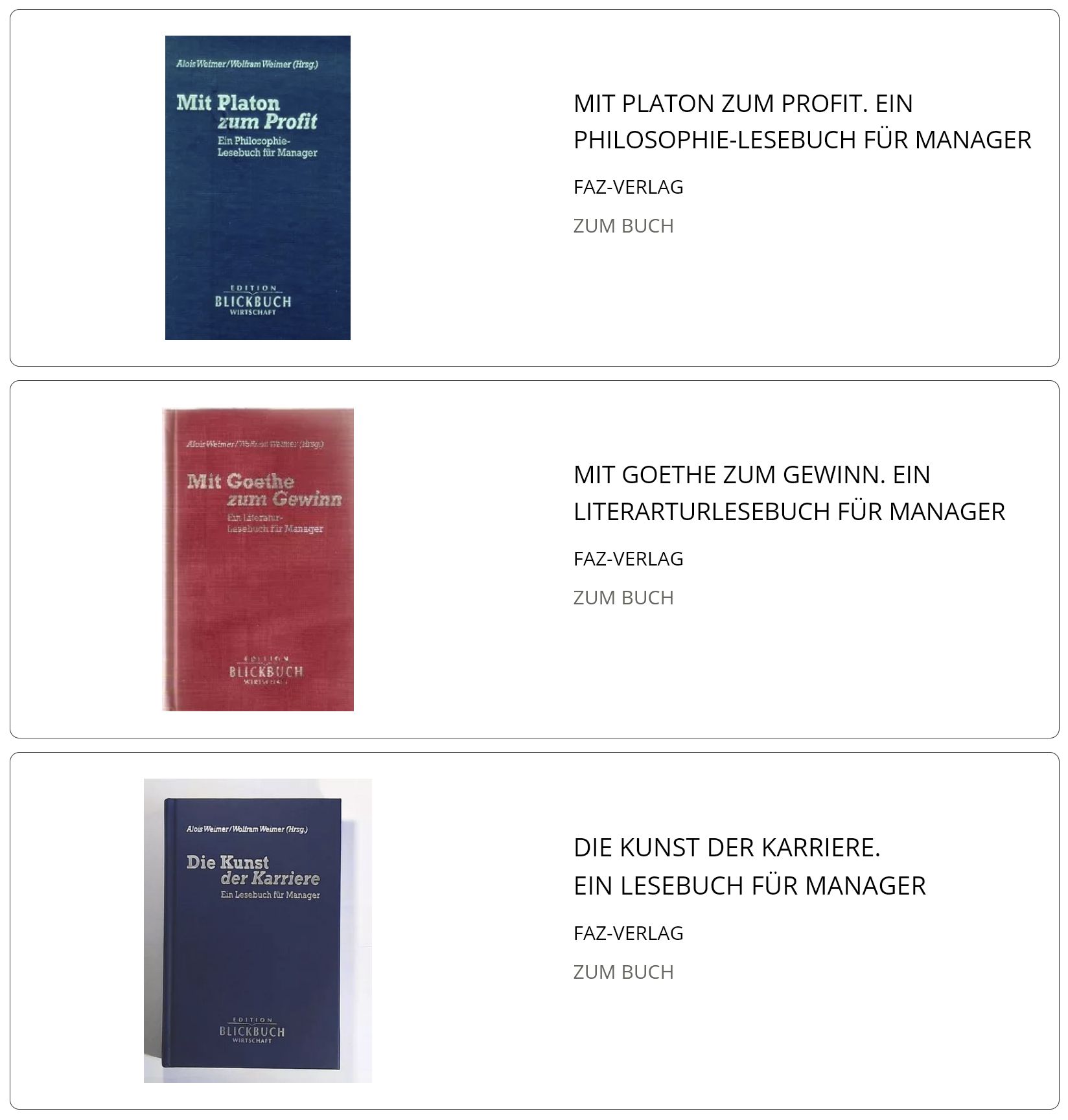 Screenshot von Weimers Homepage mit der Auflistung der drei im FAZ-Verlag erschienen "Lesebücher für Manager".