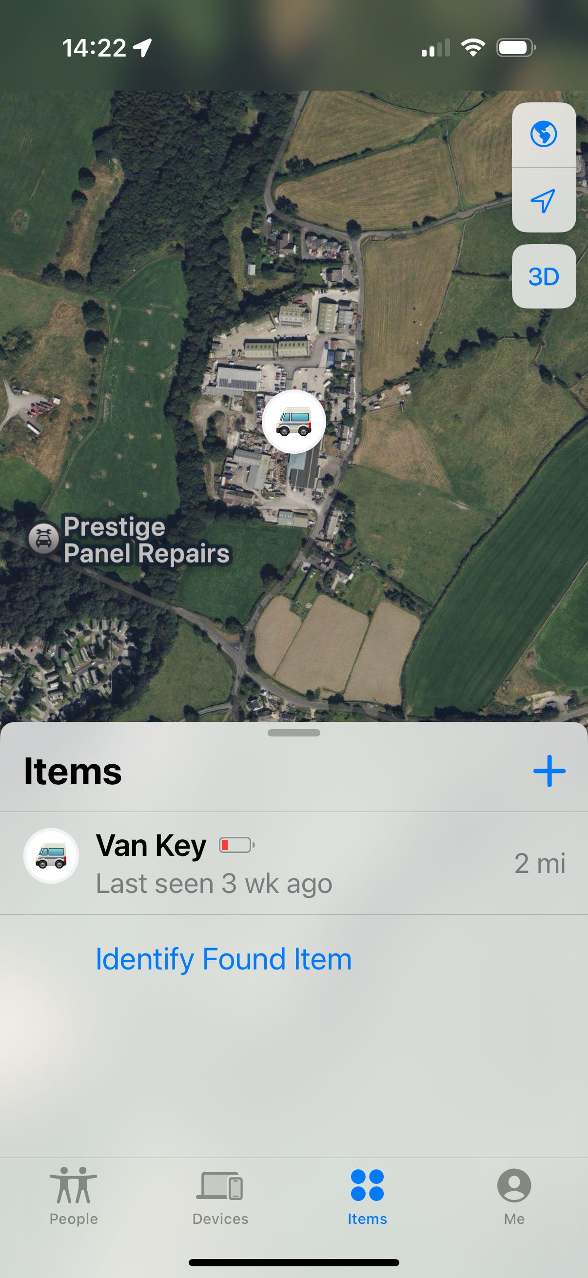 'Find my' screenshot with van indicated as being in a small industrial estate and last seen 3 weeks ago. 