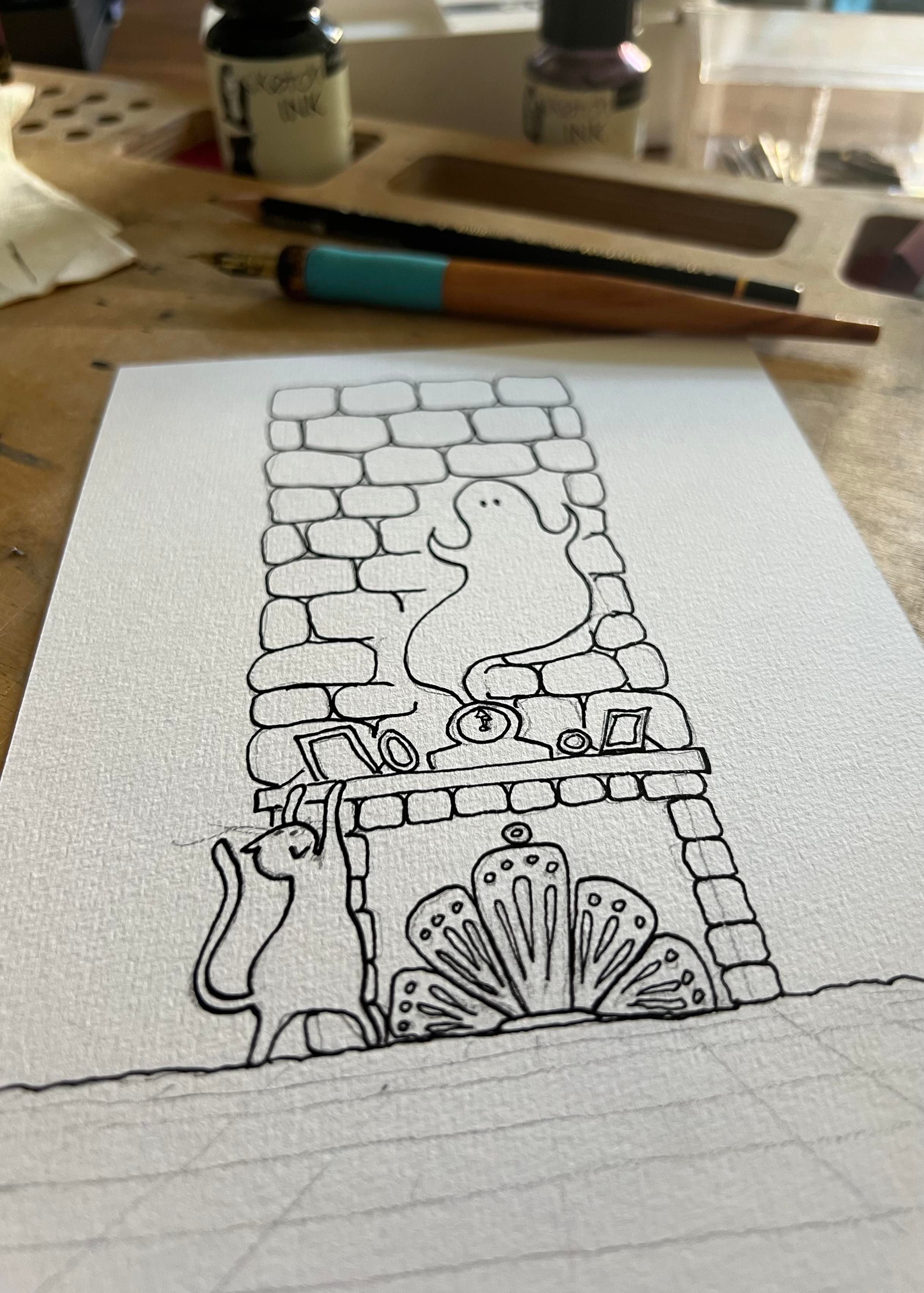 Tuschezeichnung eines Gespensts, das sich vor einer Kaminwand materialisiert, heraufbeschworen durch eine kleine Katze