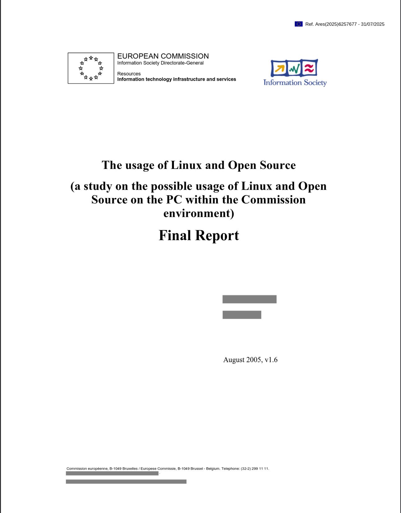 The front page of a report from the European Commission, titled "The usage of Linux and Open Source: a study on the possible usage of Linux and Open Source on the PC within the Commission environment. Final report"