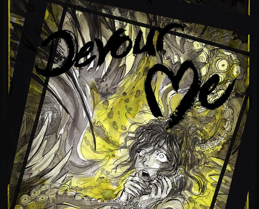 Part of the front cover for the upcoming zine that's a spooky loveletter to monsters. It's called "Devour Me" and shows a woman being all "oh no" as a bunch of bits of monsters descend upon her. how scary (she's into it)