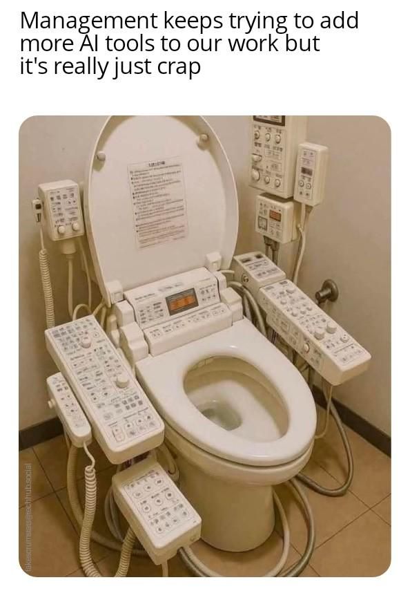 Photo of a toilet with many electronic components attached to it.

Caption: Management keeps trying to add more AI to our work but it's really just crap 