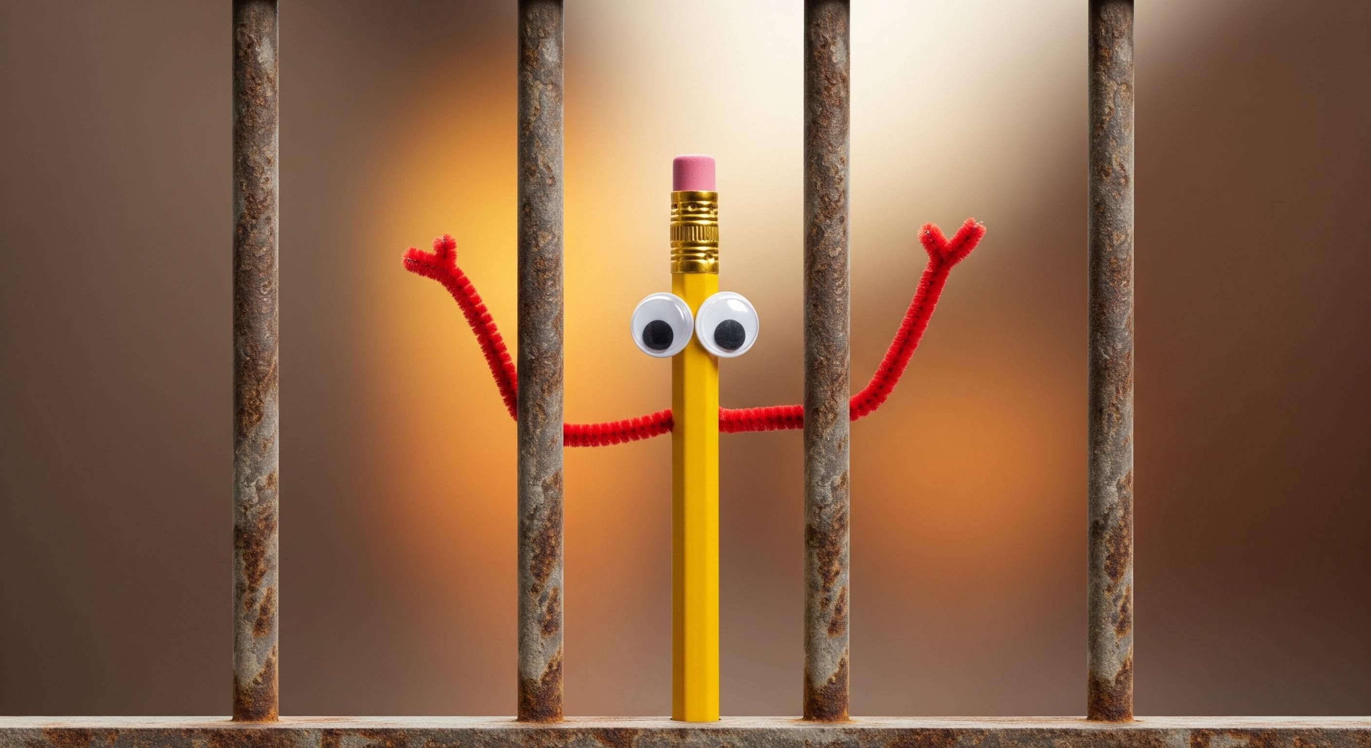 Image of a "pencil puppel", a #2 pencil with googly eyes and a pipe-cleaner for arm. It's behind bars