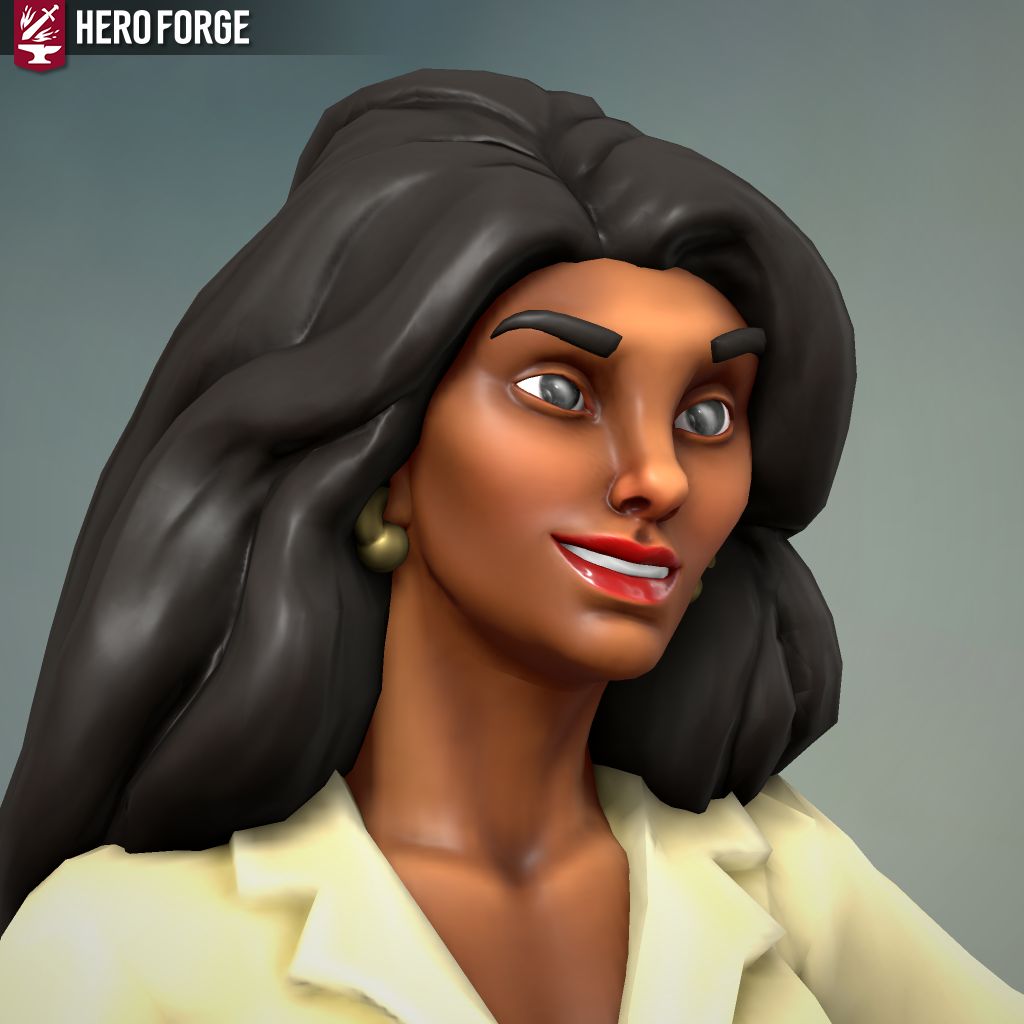 Heroforge creation of main character Silvana, a darker brownish skinned, black haired woman with deep brown eyes