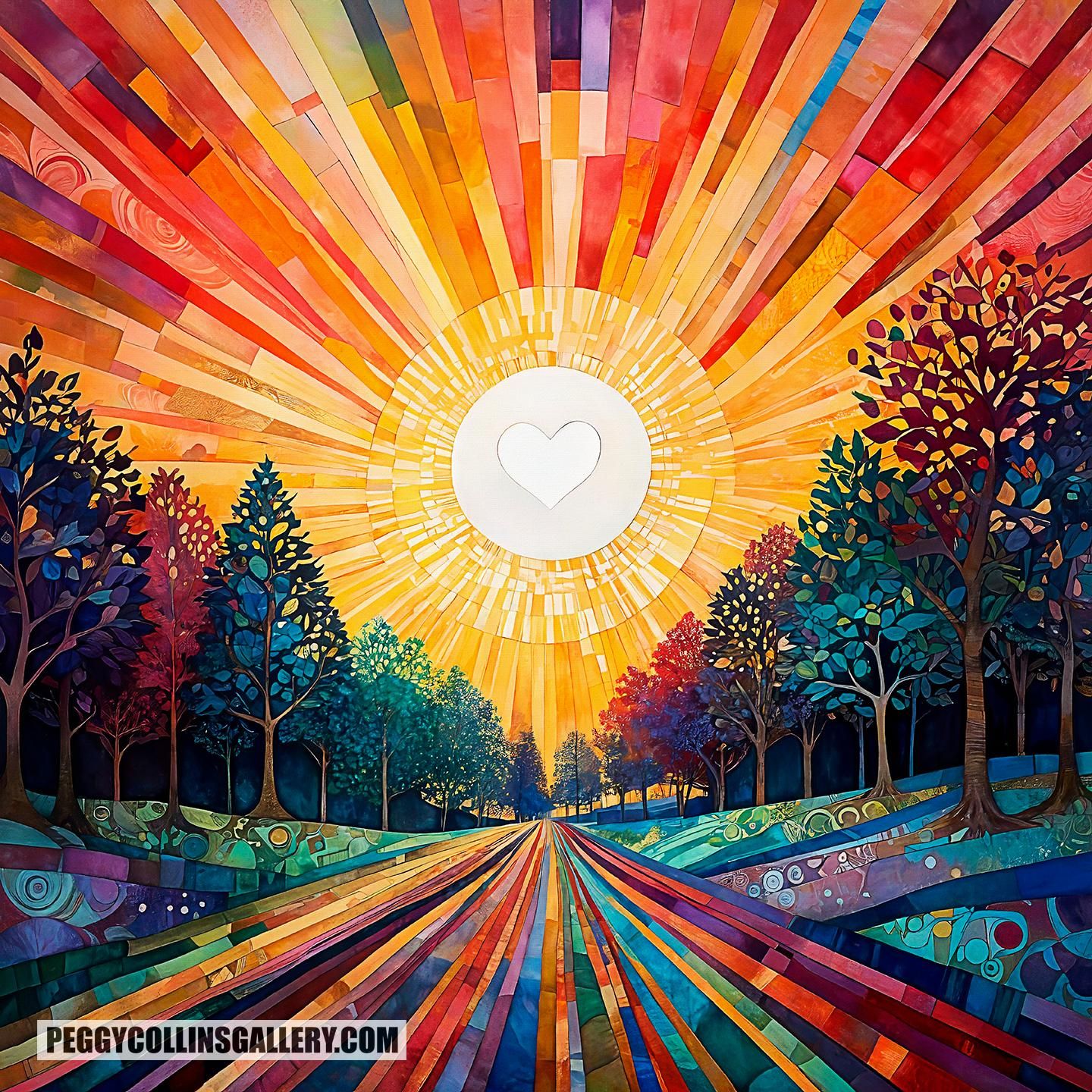 Colorful artwork of a sun with a heart in its center at the end of a multi-colored road and trees, by artist Peggy Collins.
