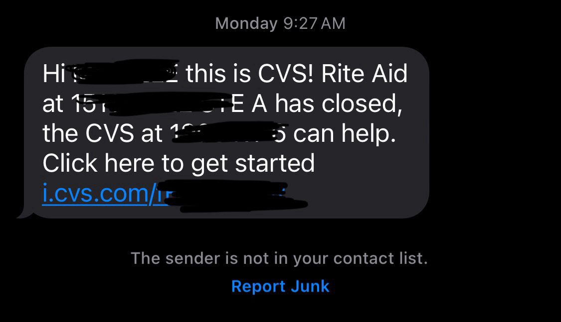 A text message from CVS telling me that a rite aid store nearby has closed. 