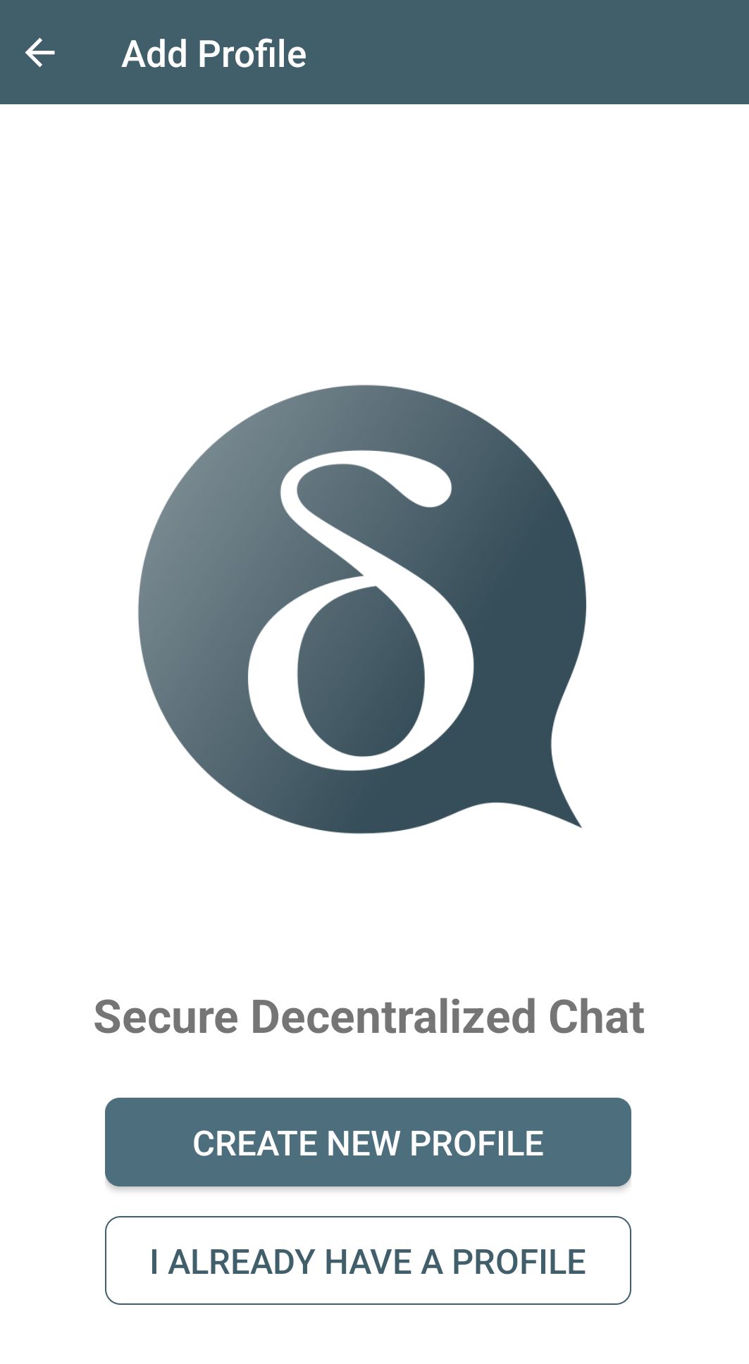 Start screen of https;//get.delta.chat apps which shows 

Delta chat logo (Greek letter delta) 

Secure decentralized chat

"Create new profile" button highlighted 