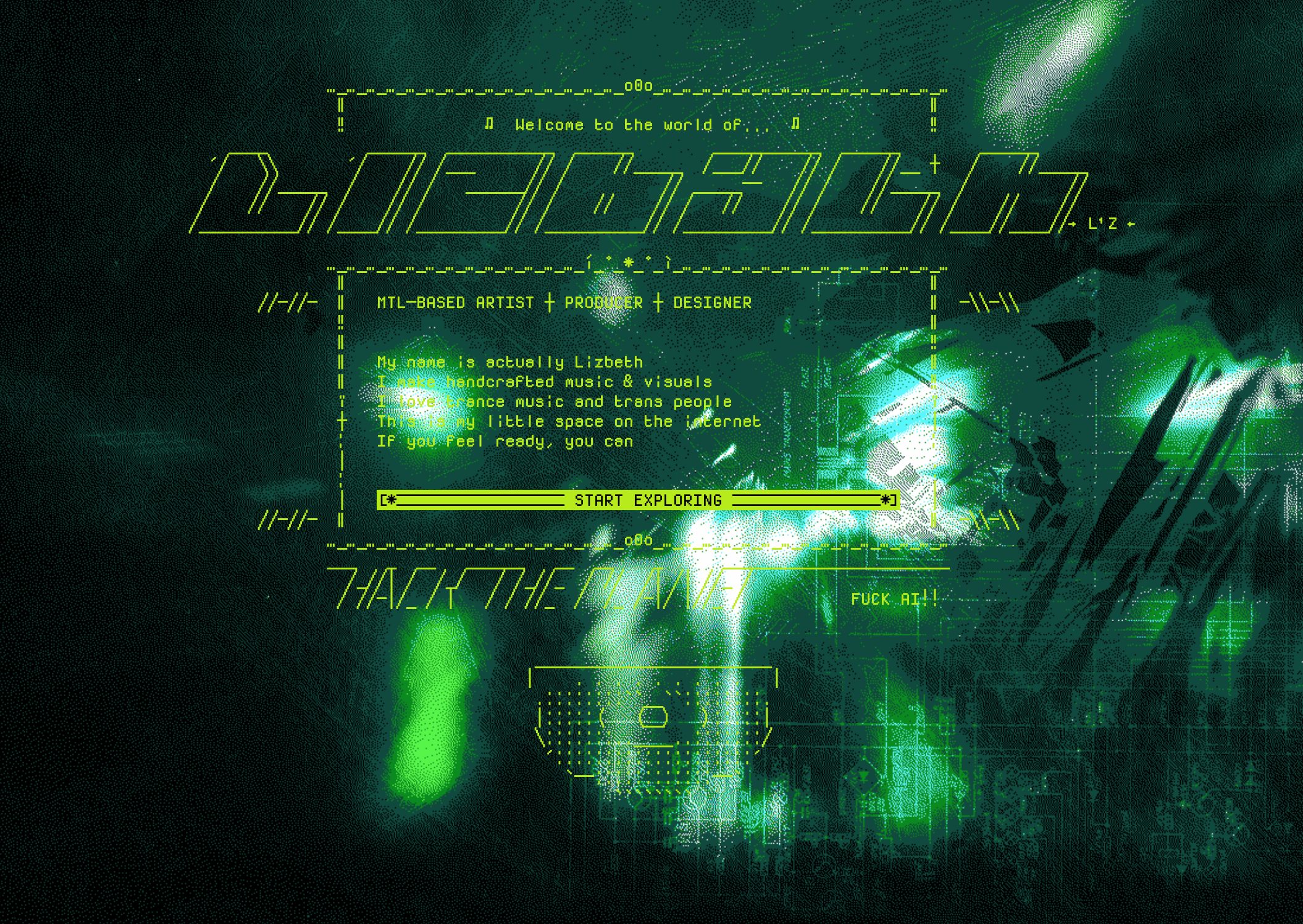 screenshot of the homepage of l1zb3th.online with a full page ascii piece introducing me and what i do, along with a slanted logo reading L1Zb3th, under the main section is more ascii text reading "hack the planet" and "fuck ai". The background of the page is a metalheart style abstract 3d rendered piece in green tones, the text is bright green on top of it.
