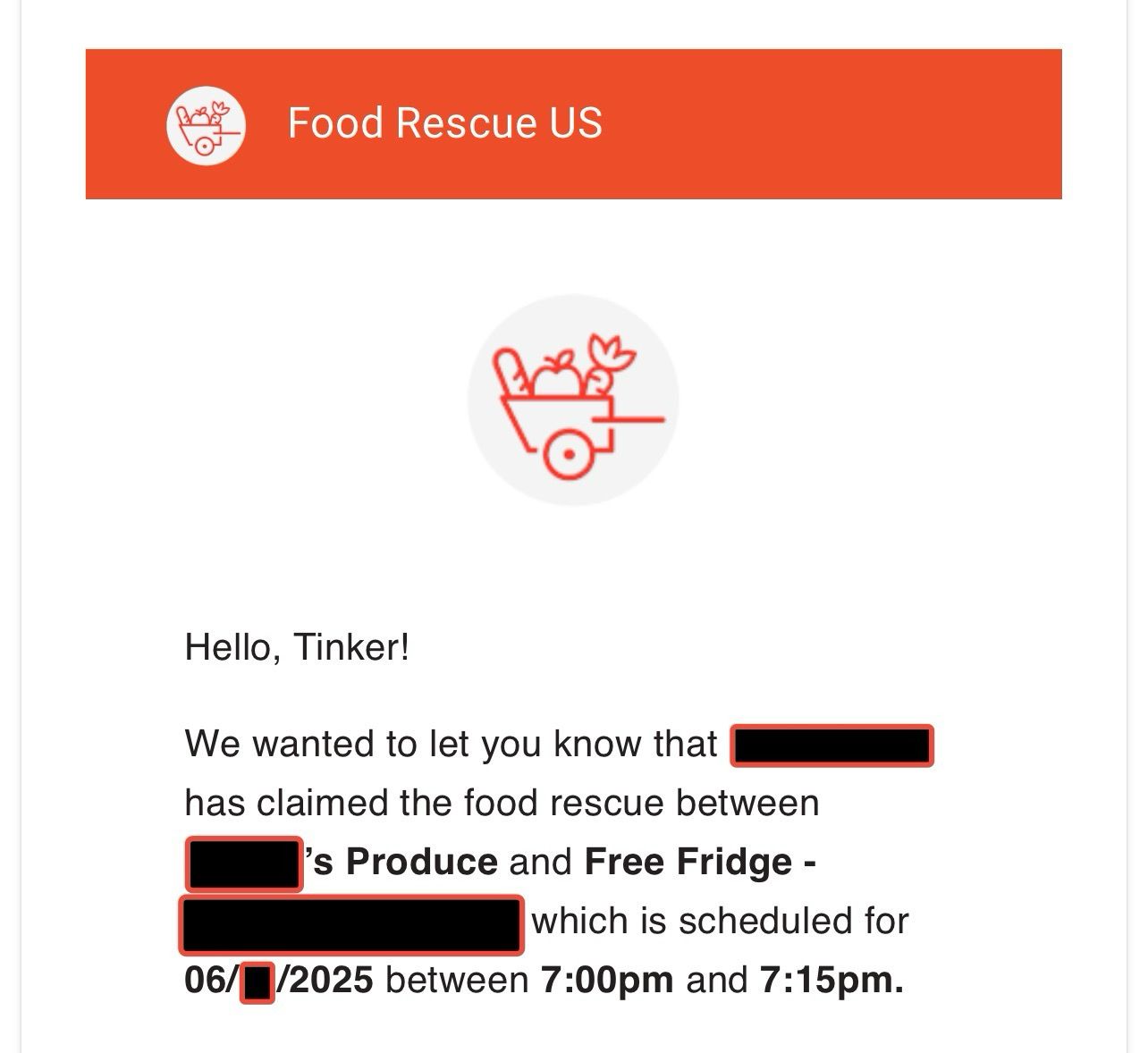 Screenshot of Food Rescue US app with a notification that a volunteer has claimed a food rescue route!