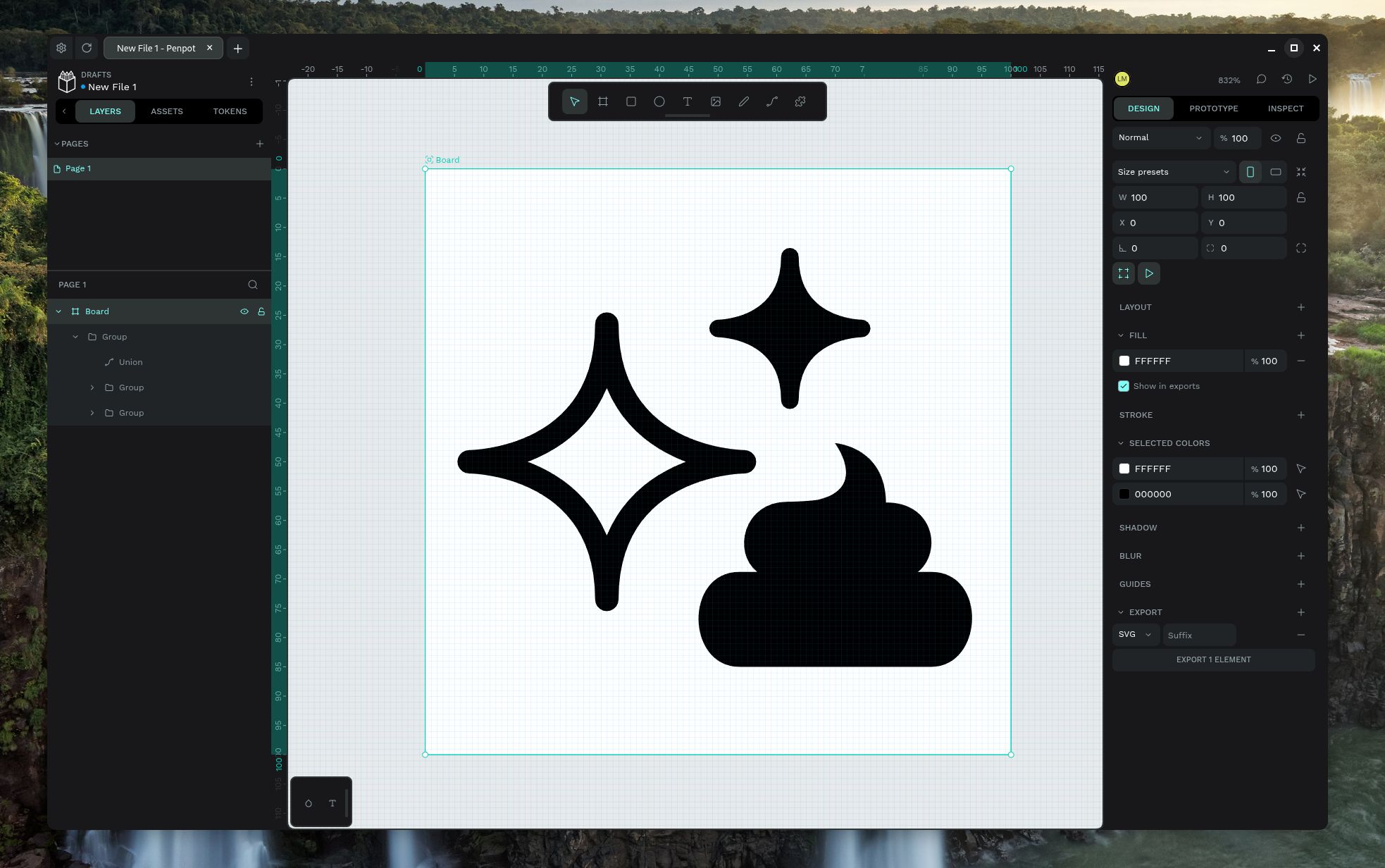 a screenshot from a digital graphic design program (penpot), featuring a black and white checkered grid. The grid contains two black, stylized stars and poop illustration. The design interface shows various editing tools and layers, including brushes and colors.