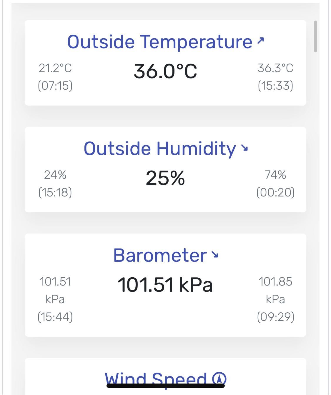 A screenshot from alberniweather.ca shows the outside temperature is 36°C and the outside humidity is 25%
