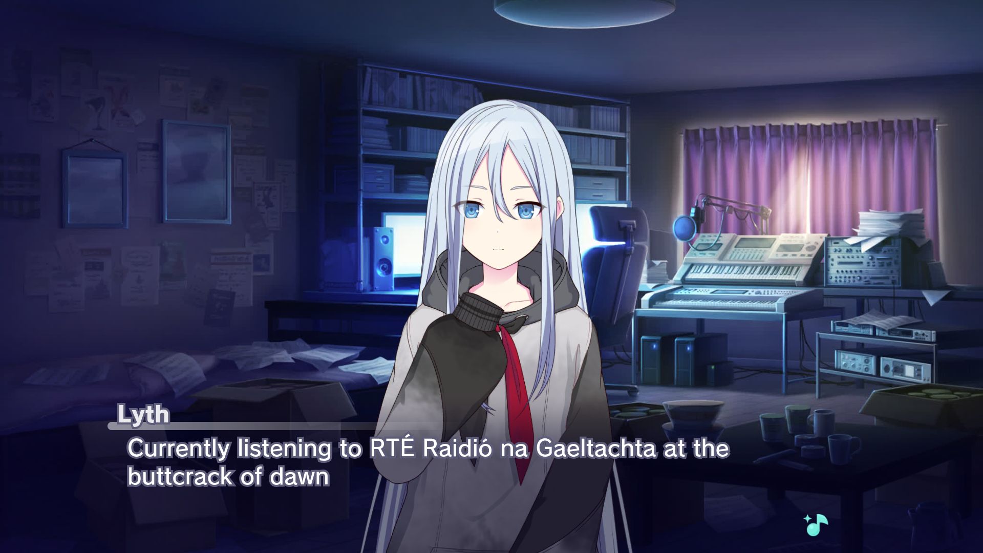 Project Sekai custom scene of Lyth in an approximation of her room saying "Currently listening to RTÉ Raidió na Gaeltachta at the buttcrack of dawn"