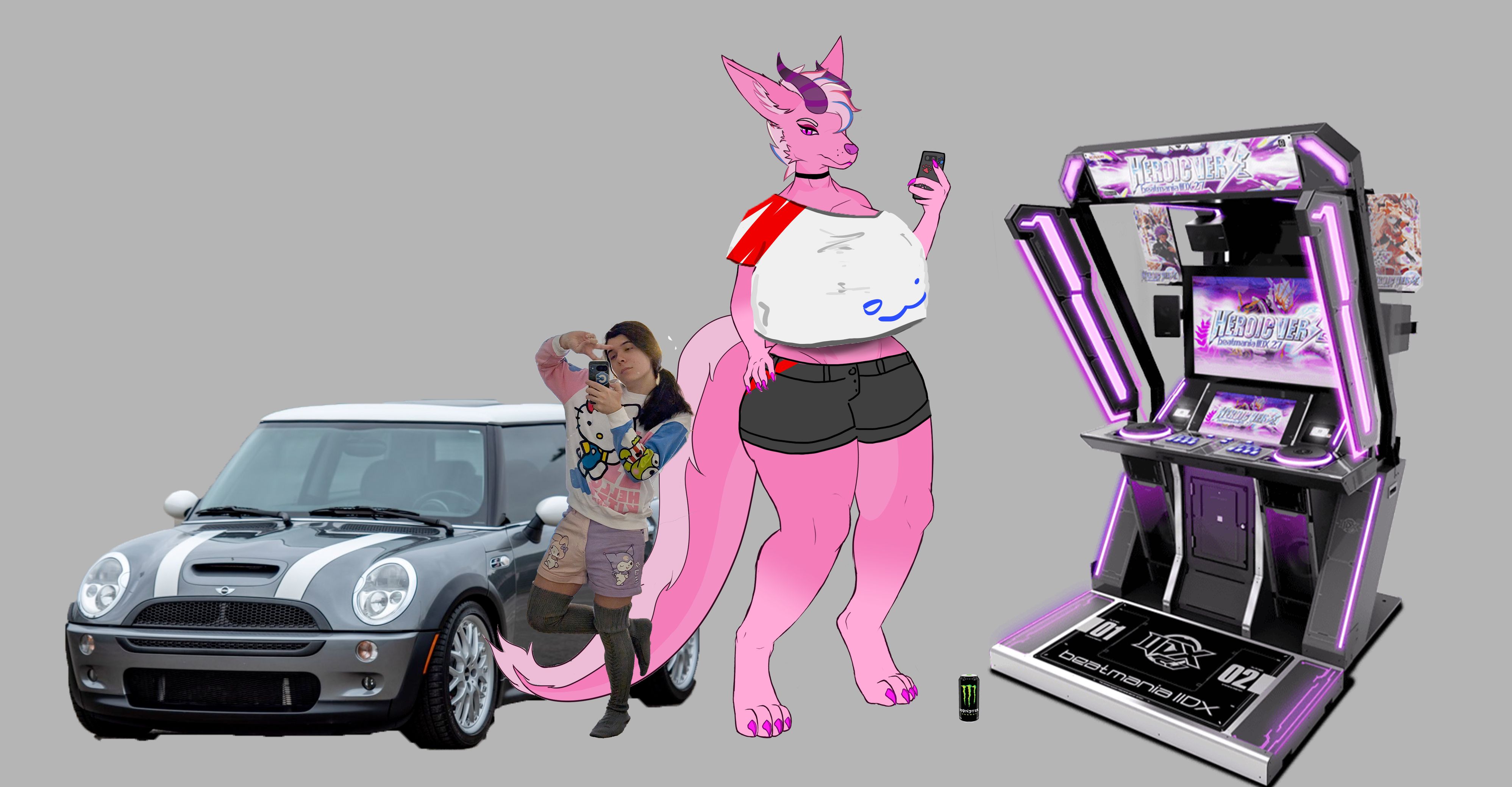 the same art of foxdragon kira with roughly to-scale images of a beatmania IIDX lightning model, a can of monster, physical kira, and a 2002 mini cooper s. her hips are slightly above the roofline of the mini, she can see over the top of the 7'9 lightning model, and she is enormous compared to the can of monster. her thighs are about as thick as physical kira's torso if not thicker (physical kira is just about up to foxdragon kira's beltline more or less)
