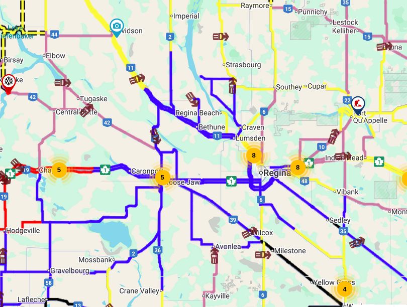 screenshot of a map showing current road conditions in the area around Regina, Saskatchewan.  Most of the major highways are currently coloured blue, which means "travel not recommended"
