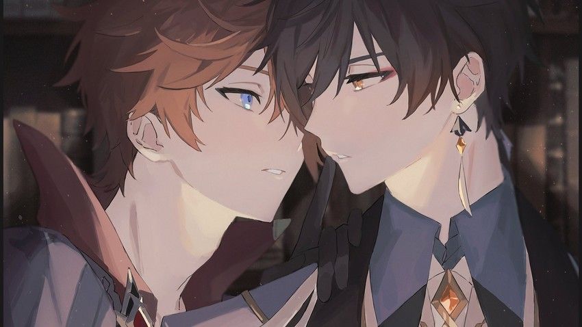 SFW yaoi art of the following characters : tartaglia_(genshin_impact) zhongli_(genshin_impact)