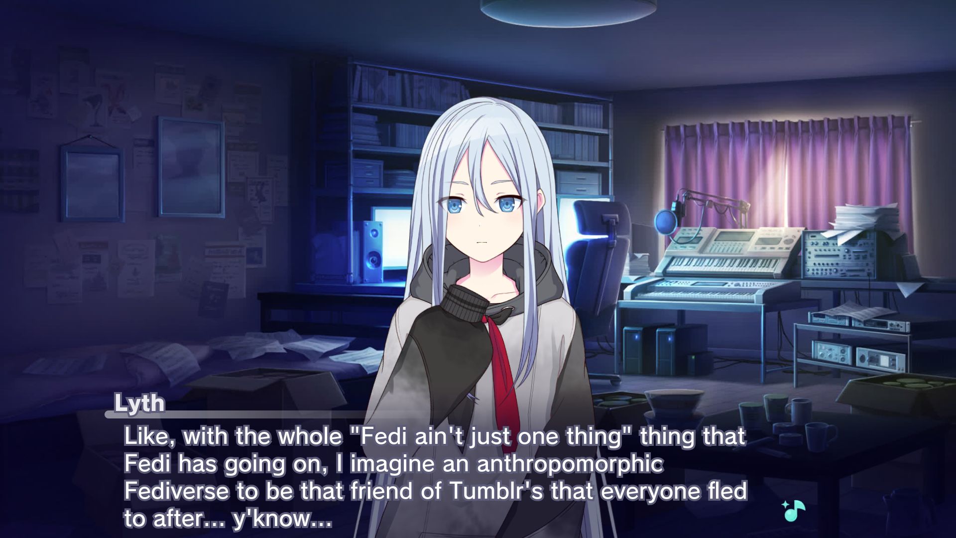 Lyth follows up on herself from image 1 with "Like, with the whole "Fedi ain't just one thing" thing that Fedi has going on, I imagine an anthropomorphic Fediverse to be that friend of Tumblr's that everyone fled to after... y'know..."