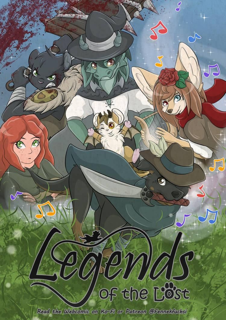 Comic Cover of the Webcomic Legends of the Lost. Its shows a black Dog with sword in the snout running away. In the Sky are shown a Fennec Fox bard Girl, a green magician Kobold, a black panther barbarian tabaxi, a ginger girl and in the middle is a little cute brown dragon-hamster. The Fox plays music and have Notes around. The tabaxi is fighting and swings her sword with splashing blood.