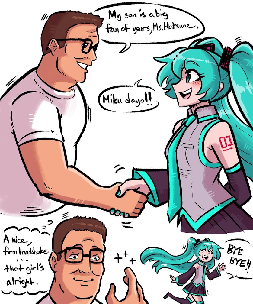 a comic-style drawing featuring hank hill from king of the hill and hatsune miku. in the first panel, hank is smiling and shaking miku’s hand, saying, “my son is a big fan of yours, ms. hatsune.” miku cheerfully replies, “miku dayo!!” in the second panel, there's a close-up of their handshake. the final panel shows hank smiling and thinking, “a nice, firm handshake... that girl’s alright,” while miku walks away waving, saying, “bye bye!!”