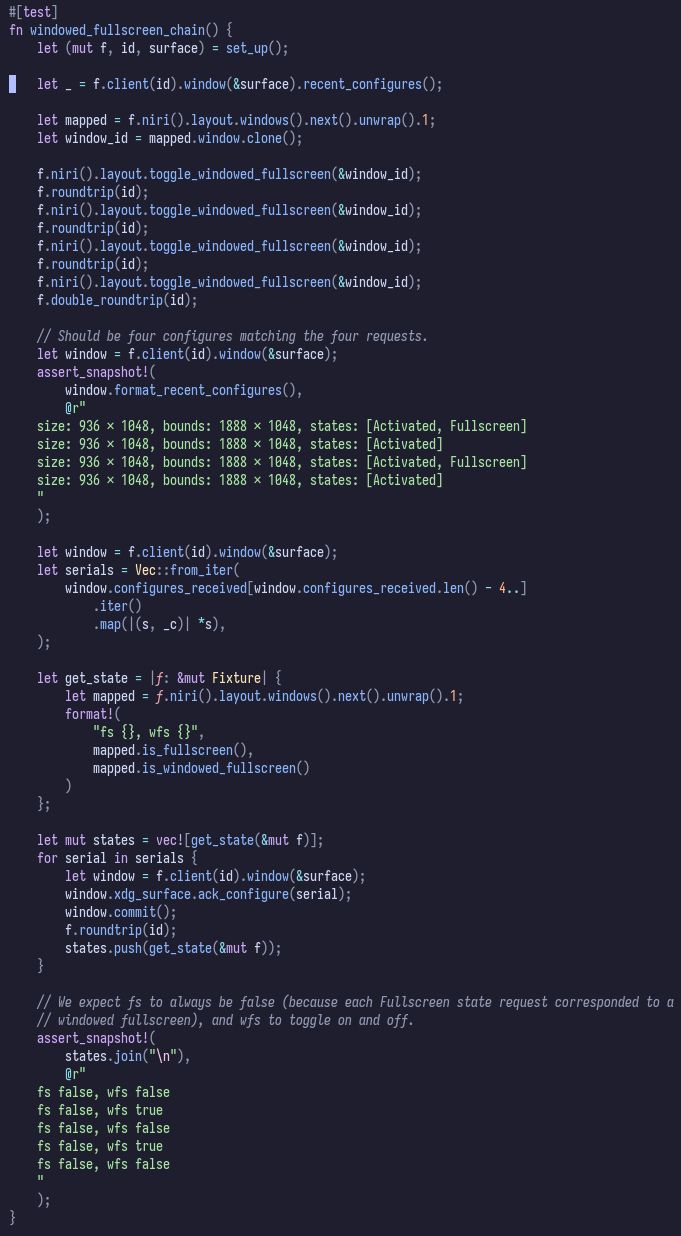Screenshot of a test case which toggles windowed fullscreen several times, then the window commits in response to each, and we verify the state in between.