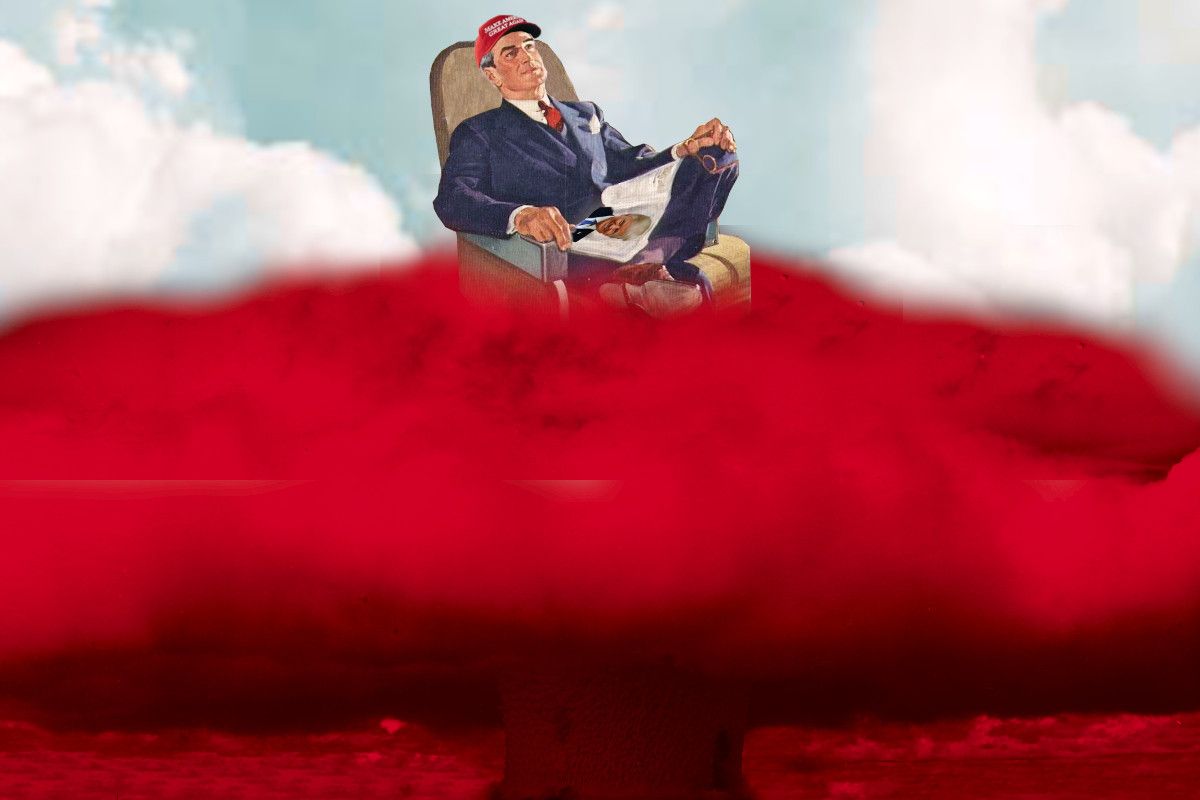 A red, angry mushroom cloud. Sitting atop it, surrounded by blue skies and fluffy clouds, is a smirking business-suited man reclining in an armchair. He wears a MAGA hat and reads a magazine turned to a page showing Donald Trump's face.