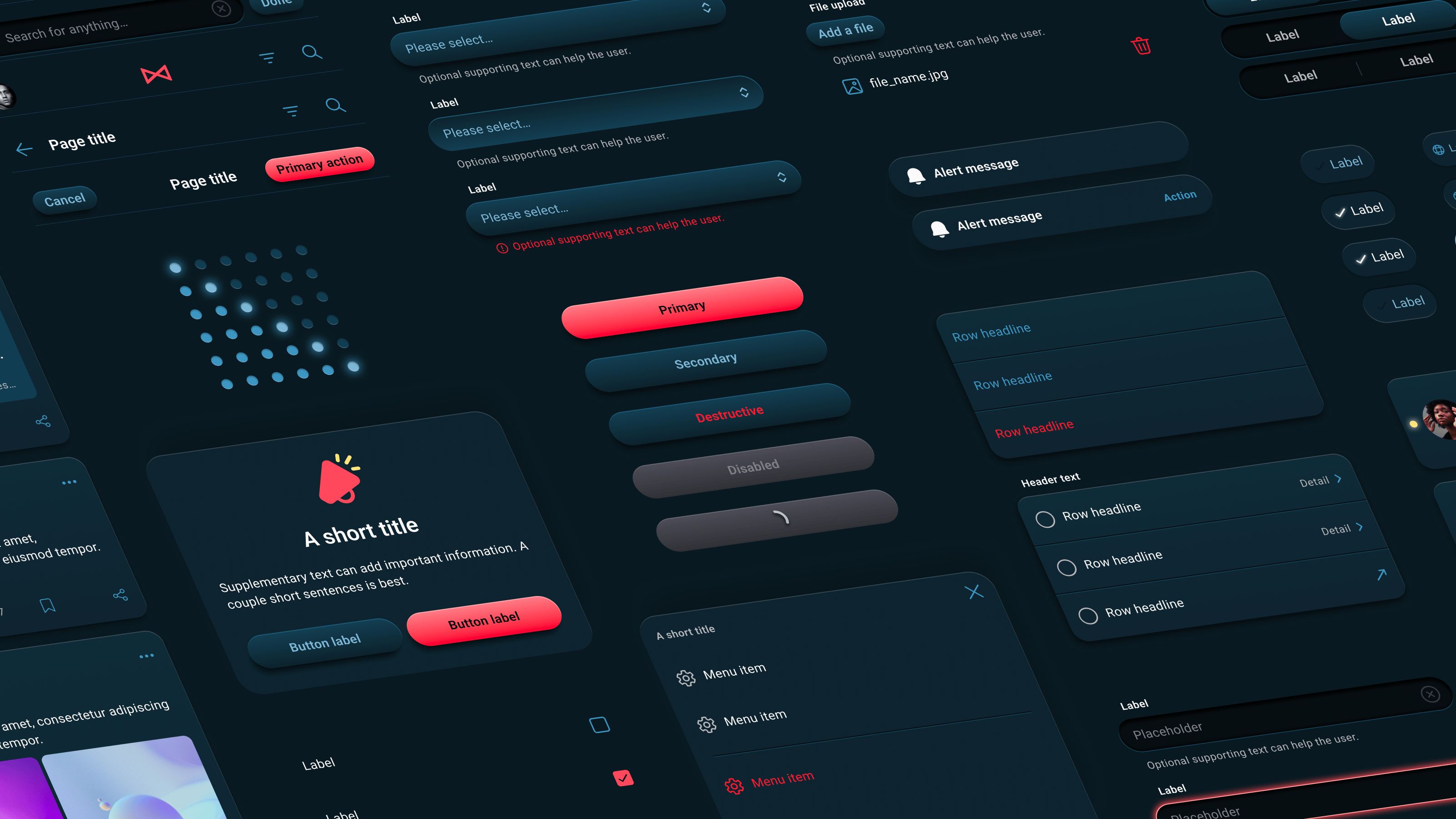 A sample of components and some of their variable configurations from the MESH app. Controls have tactile depth: buttons, tables, and sheets are lifted above the background; input fields are subtly inset. They are rounded with harmonious corner radii. Most elements share shades of dark blue, while primary controls are a contrasting raspberry.