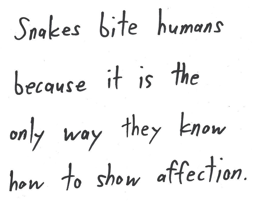 Snakes bite humans
because it is the
only way they know
how to show affection.