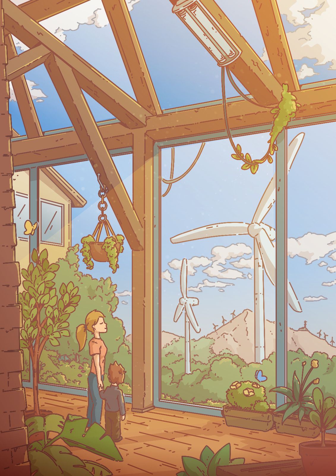 A woman and child stand by large windows looking out at a scenic landscape with rolling hills, trees, wind turbines, and mountains in the distance.