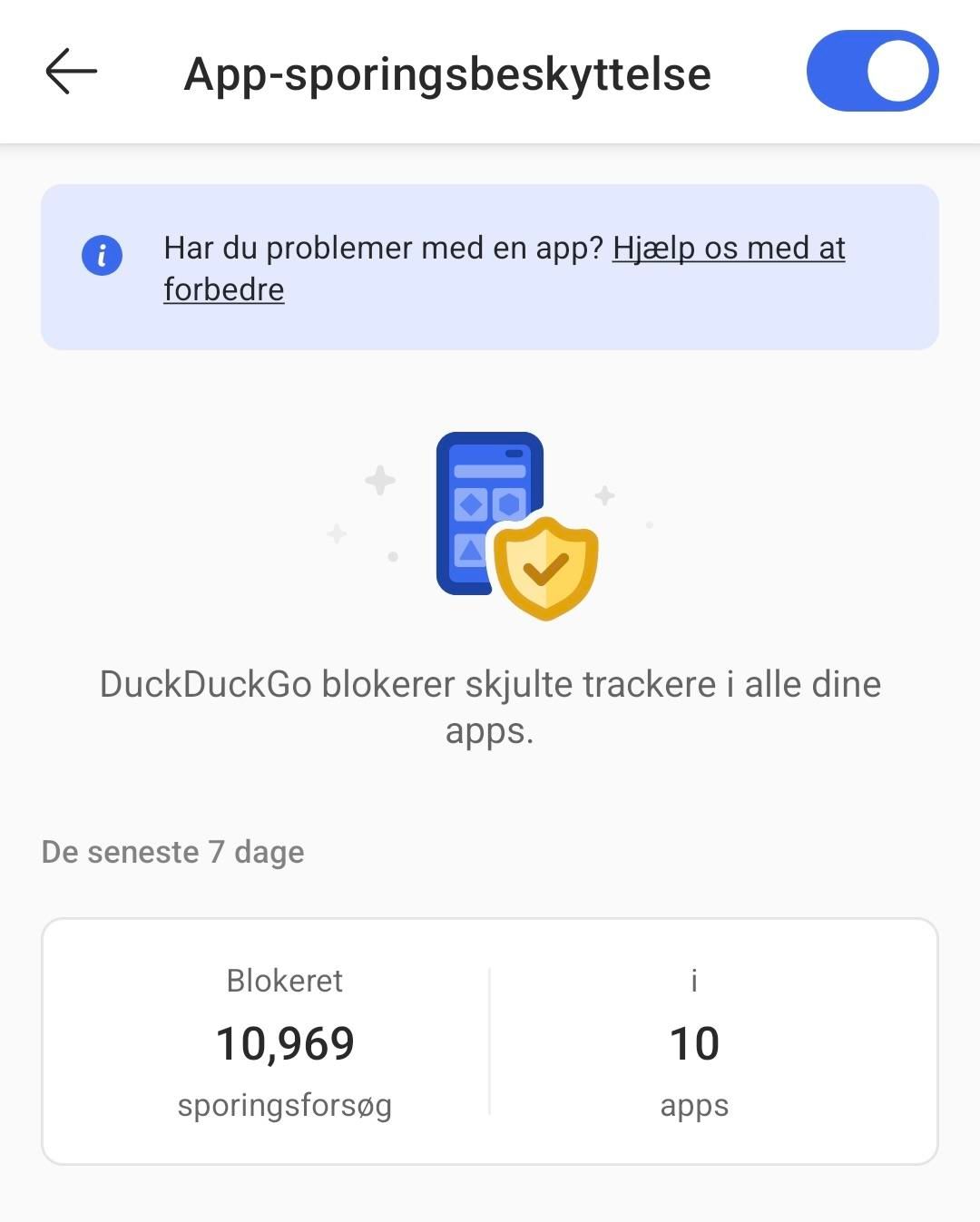 Screenshot, Danish-language, of the DuckDuckGo app-tracking blocker with the real-time counter showing. At that moment, it shows that it has blocked 10,969 attempts to get my data from 10 apps in the last seven days. 