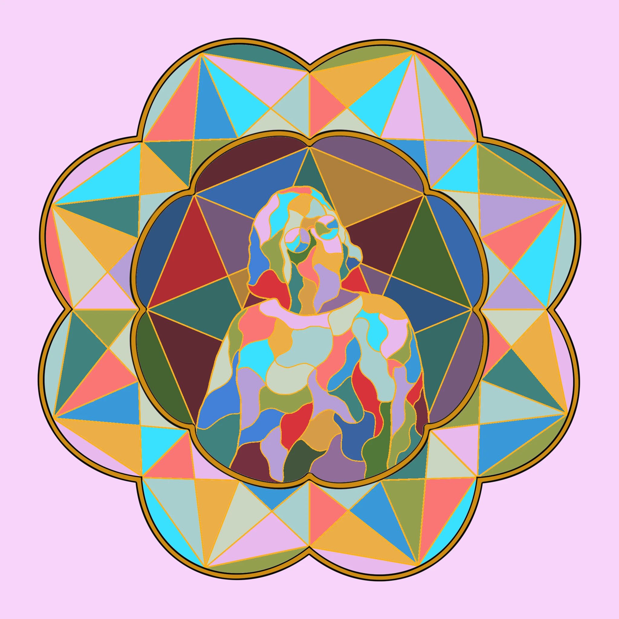 A stained glass recreation of a picture of my partner. She is looking upwards in center frame, around her us a flower of fractured stained glass pieces. 