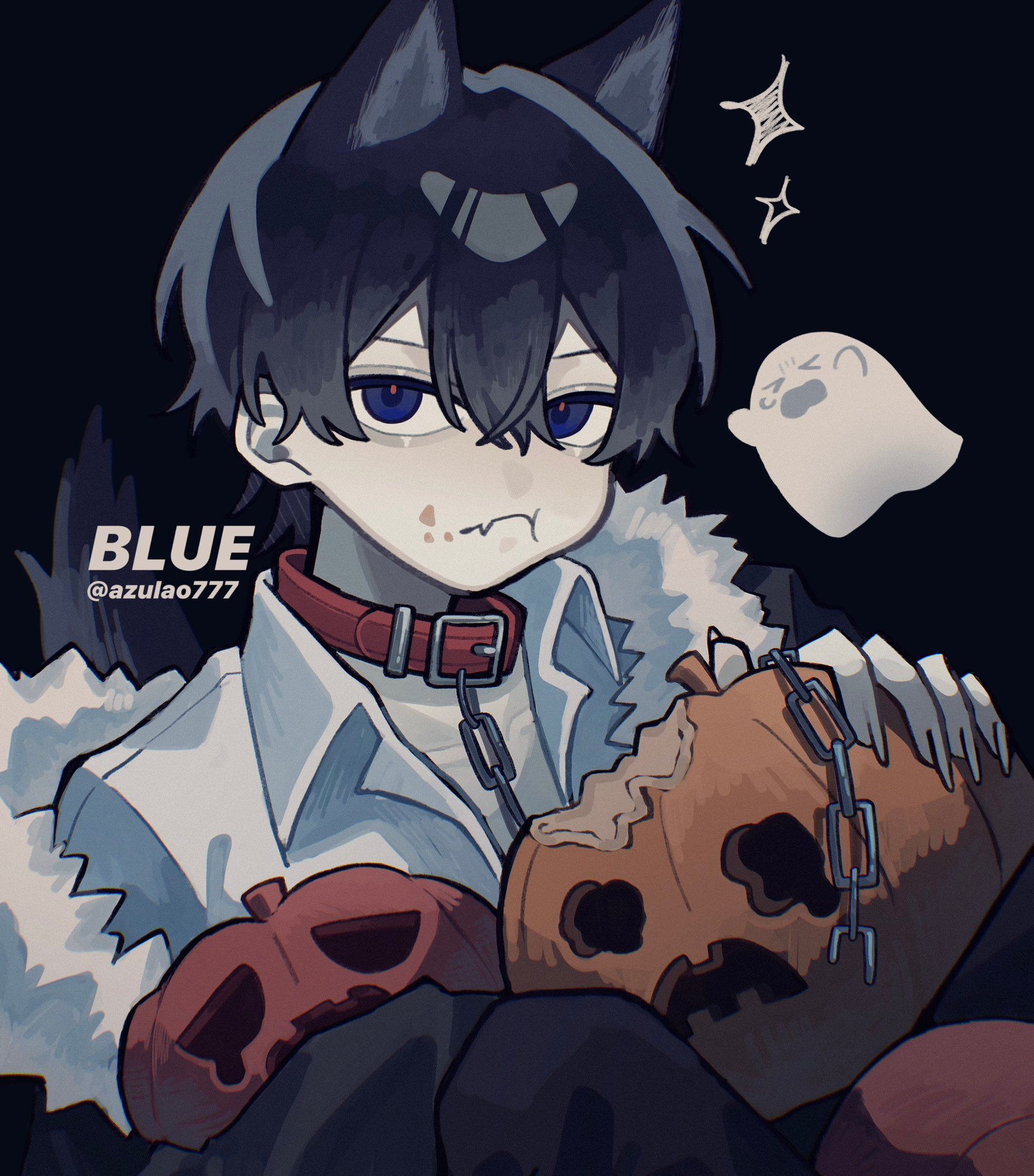 Hungry catboy eating Jack'O'Lanterns