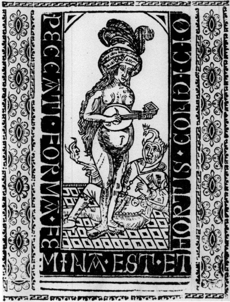A woodcut "depicts a voluptuous woman wearing nothing but a fancy plumed hat and slippers, playing a lute to a jester sitting at her feet. The Latin inscription in its border, “Peccati forma femina est et mortis condicio,” can be translated roughly as, “Sin and death take the shape of woman.”  - https://blog.pgdp.net/2025/12/01/on-the-beauty-of-women/
