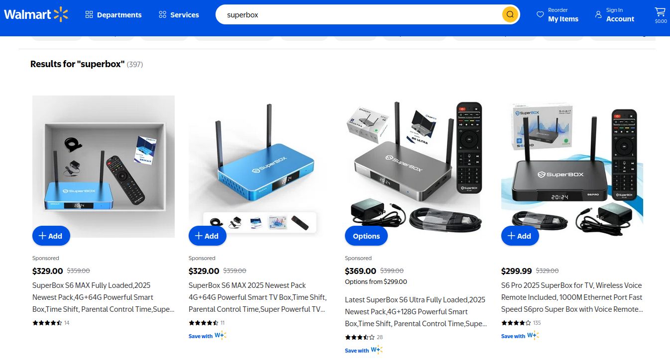A screenshot of the Walmart website shows 397 results for Superbox devices. They look like small wireless routers, include a remote, and come in bright metallic blue or black. 