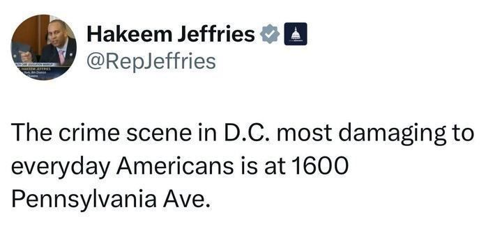 A screenshot of an X post by Hakeem Jeffries (@RepJeffries
) stating: "The crime scene in D.C. most damaging to everyday Americans is at 1600 Pennsylvania Ave." The post includes a profile picture of a man in a suit and tie, with a verification badge and a congressional emblem.
