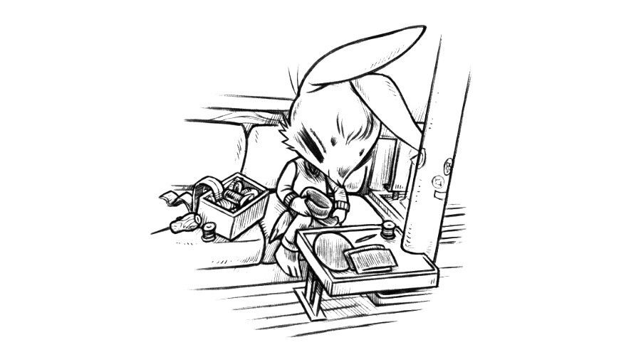 an ink drawing of a scene, featuring a rabbit sitting inside a sailboat sewing a cap together, with sewing supplies around them