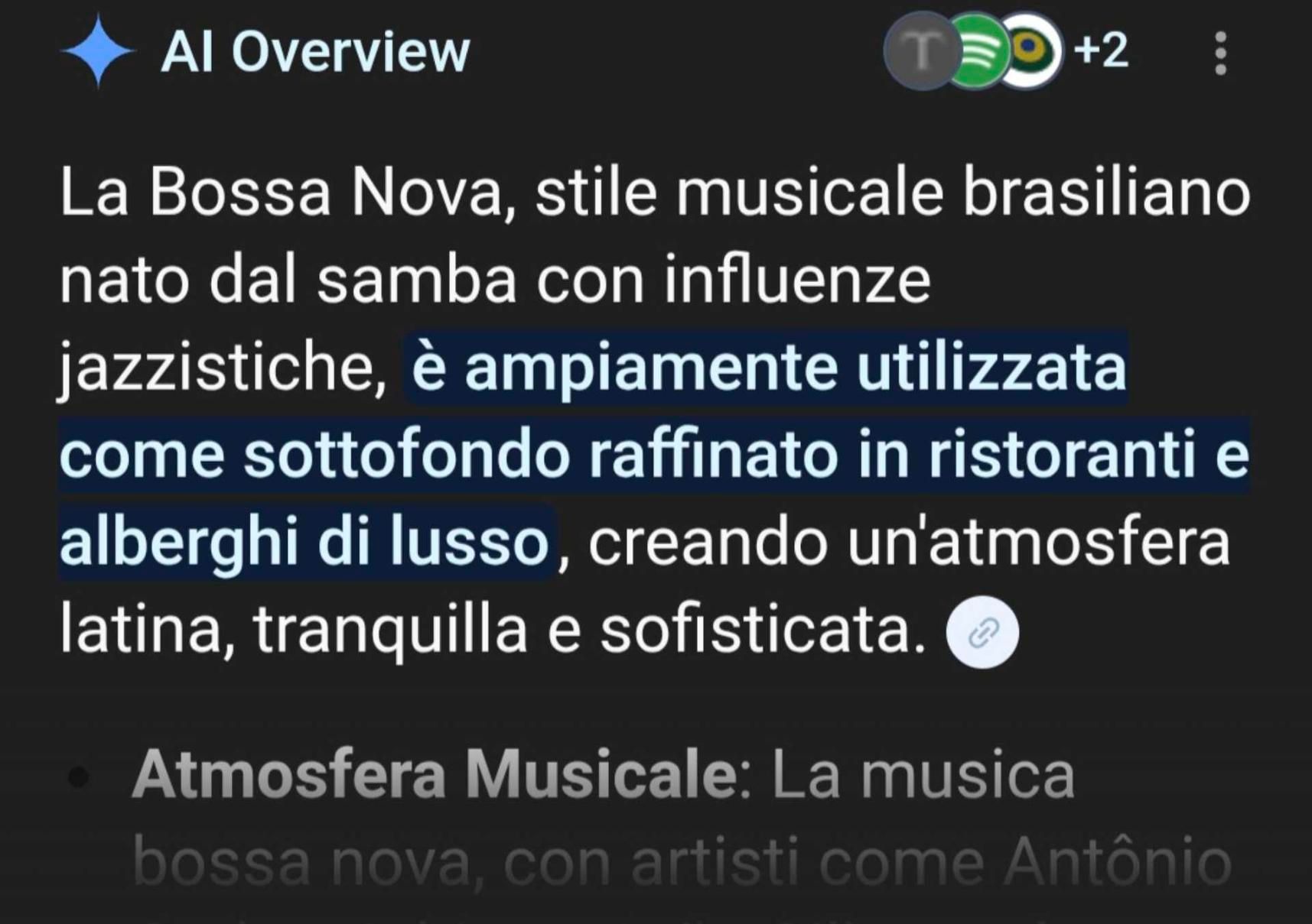 "La Bossa Nova, stile musicale brasiliano nato dal samba con influenze jazzistiche, è ampiamente utilizzata come sottofondo raffinato in ristoranti e alberghi di lusso, creando un'atmosfera latina, tranquilla e sofisticata".