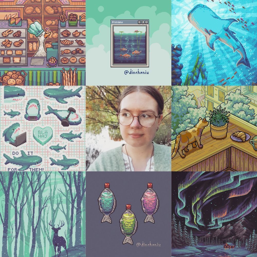 art vs. artist trend, grid of 3 by 3 pictures showing different pixel artworks done by dinchenix, in the middle is a selfie showing the artist