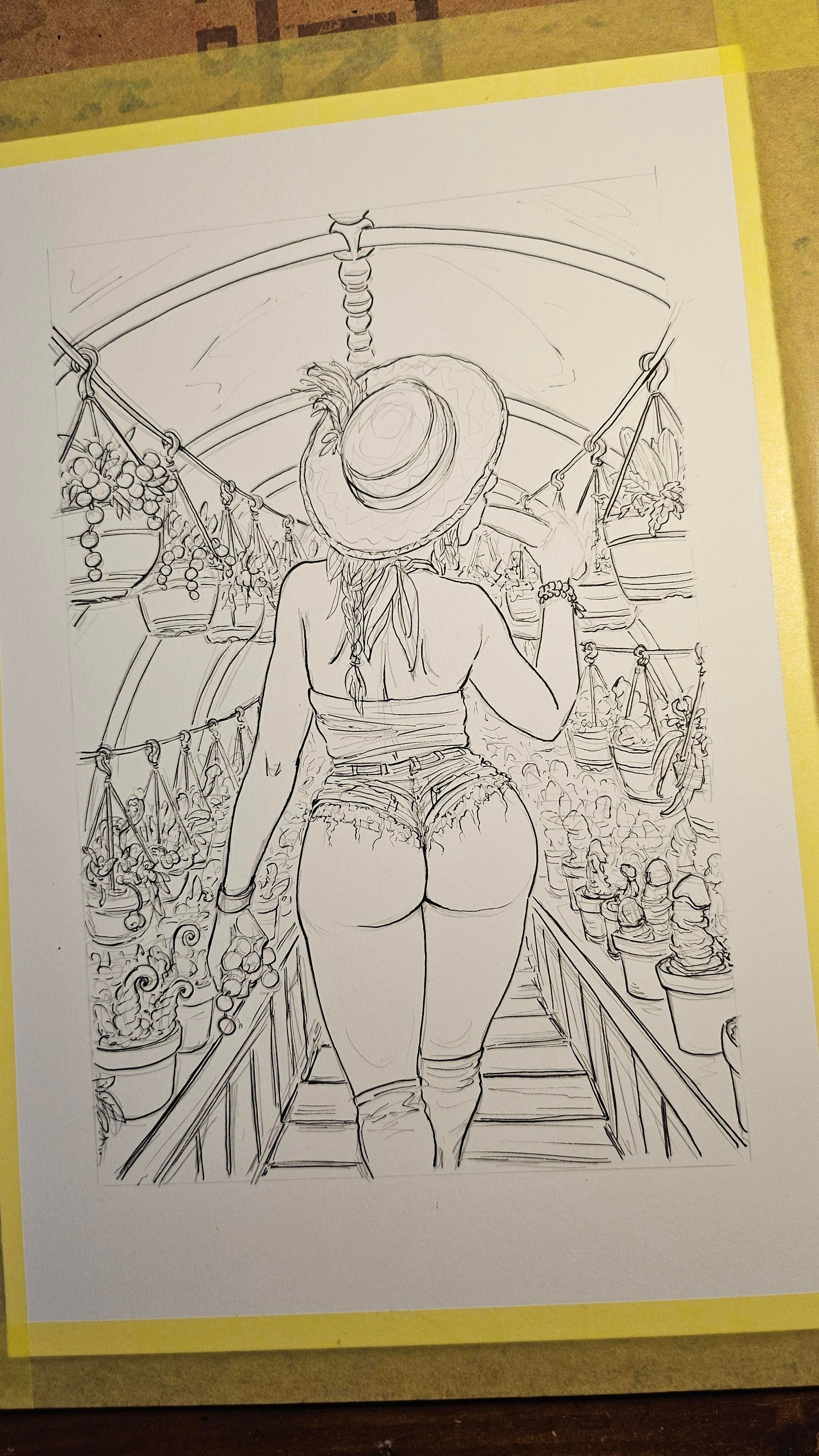 Ink drawing of a woman in tiny booty shorts, sampling her home grown produce. 