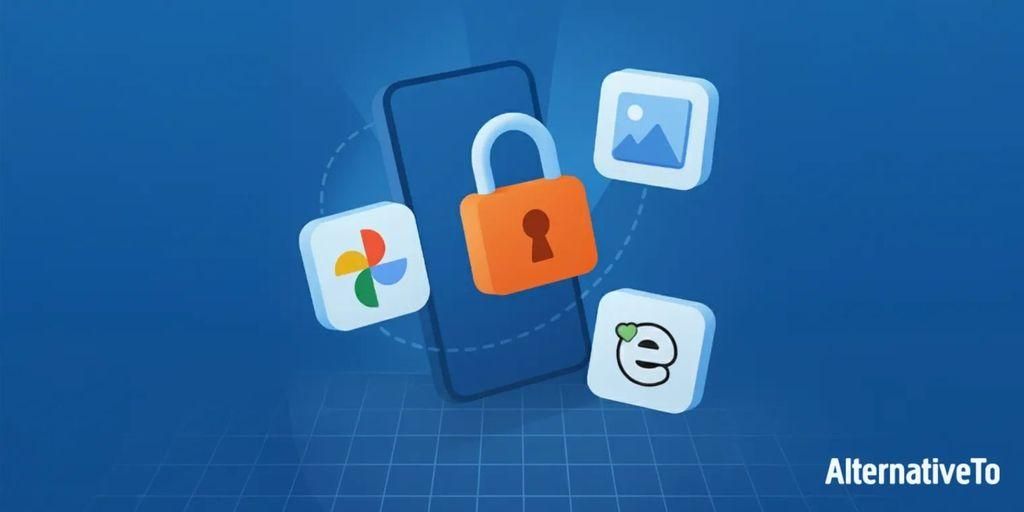 A blue themed illustration showing a smartphone with an orange padlock in the center, surrounded by floating app style tiles including the Google Photos icon, a generic photo placeholder icon and the Ente Photos logo, all arranged to represent secure and private photo management.
