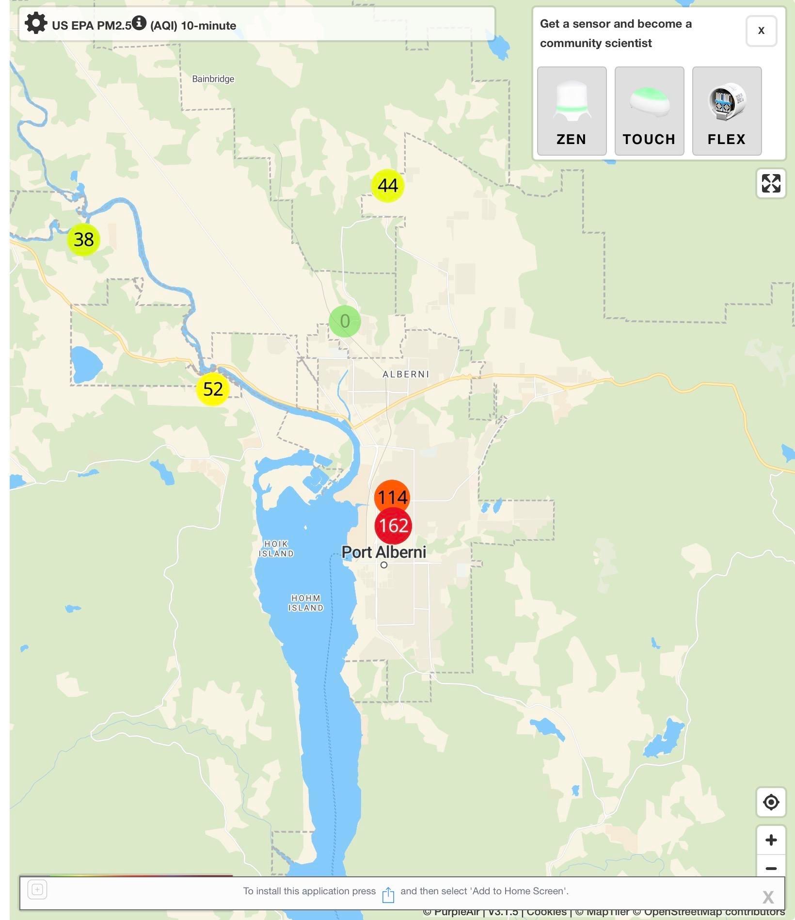 A screenshot of purple air map shows my station in orange and another one just south red.