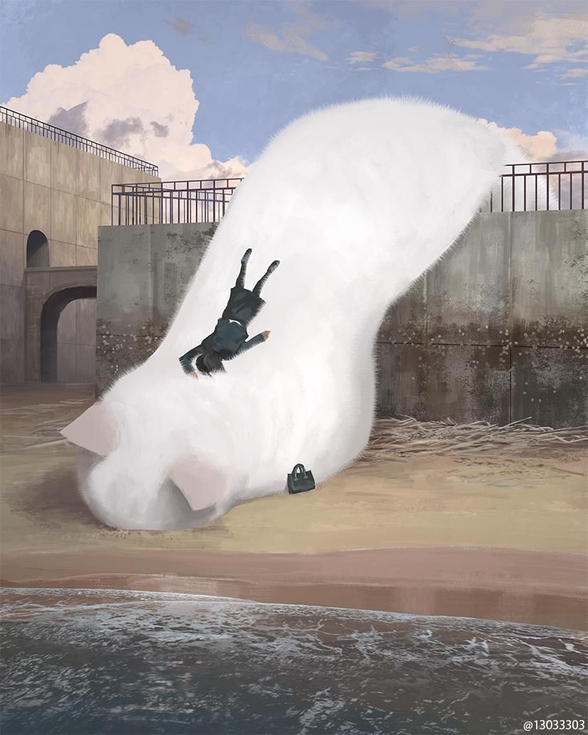 Drawing by monokubo (13033303) of someone in a work or school outfit and a skirt lying facedown on the back of a humongous white cat. The gigantic kitty is laying face down in the sand near a beach, and is pouring over a sea wall like the liquid cats are.
