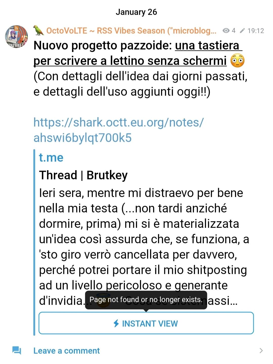 Schermata del messaggio nel canale su Telegram X con l'errore detto
