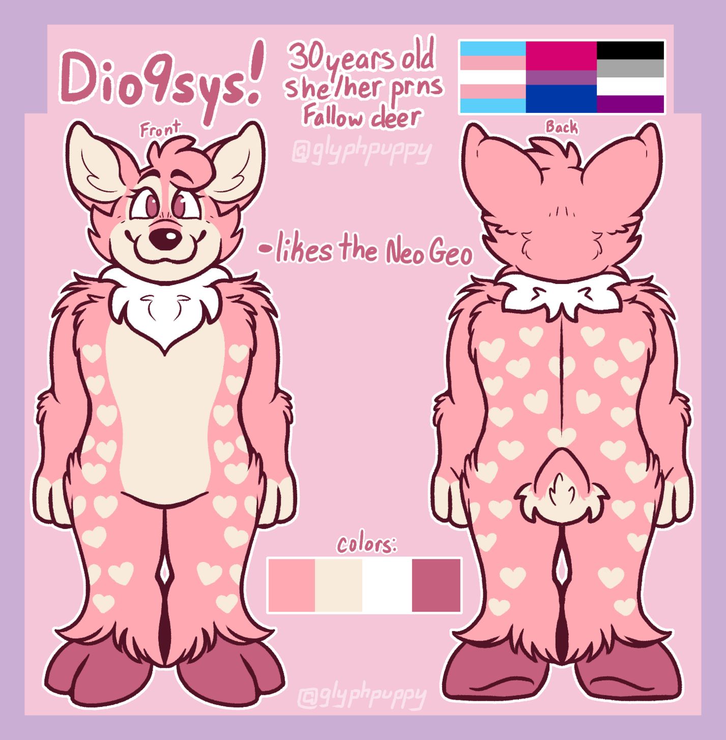 Reference sheet for Dio9sys, listing her as a pink fallow deer with heart-shaped back spots who loves the neo geo