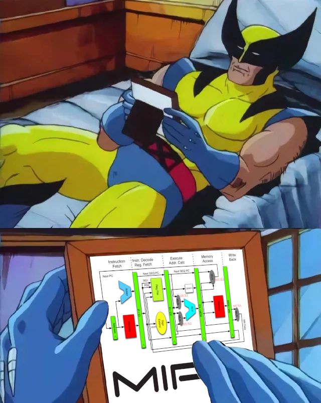 wolverine yearning for a microarchitecture diagram of the classic 5-stage RISC pipeline with the MIPS logo underneath