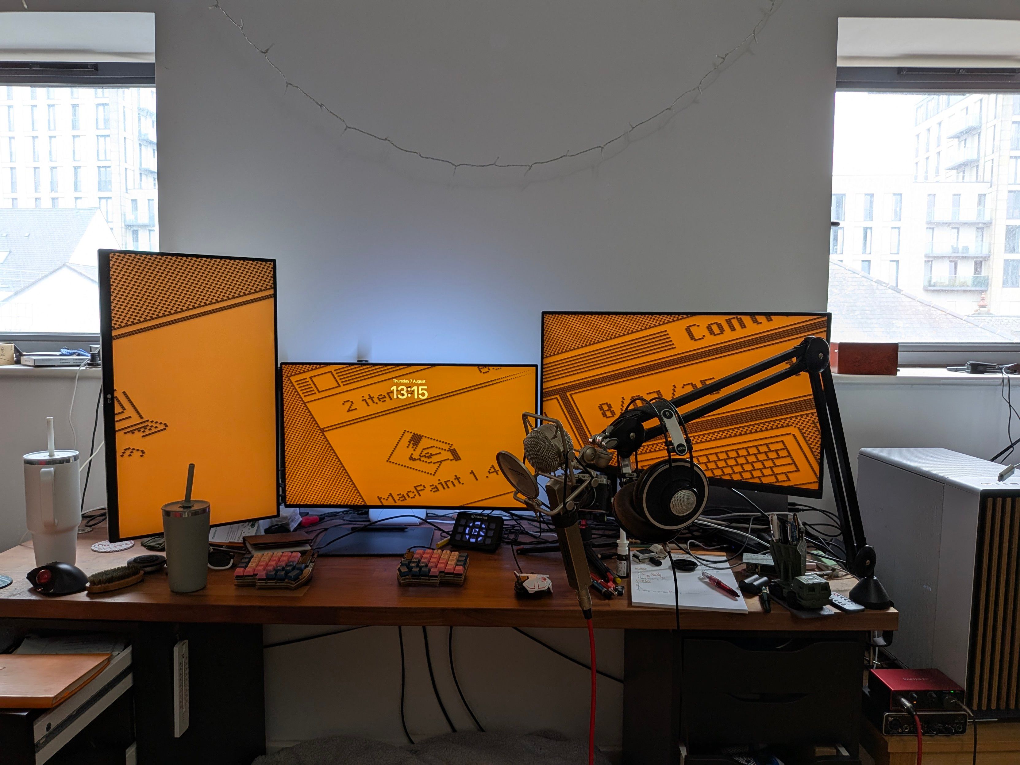 A photo of my desk.  A hydro flask and a coffee travel mug on one side.  A split keyboard, a white mouse, a Stream Deck, and numerous pens and notebooks visible.  An elaborate microphone is on an arm with headphones sling over them
  My three 4k monitors are arranged left to right with the leftmost in portrait mode, the middle one in landscape, and the rightmost in landscape but raised higher than the middle one to make space for my camera underneath.
