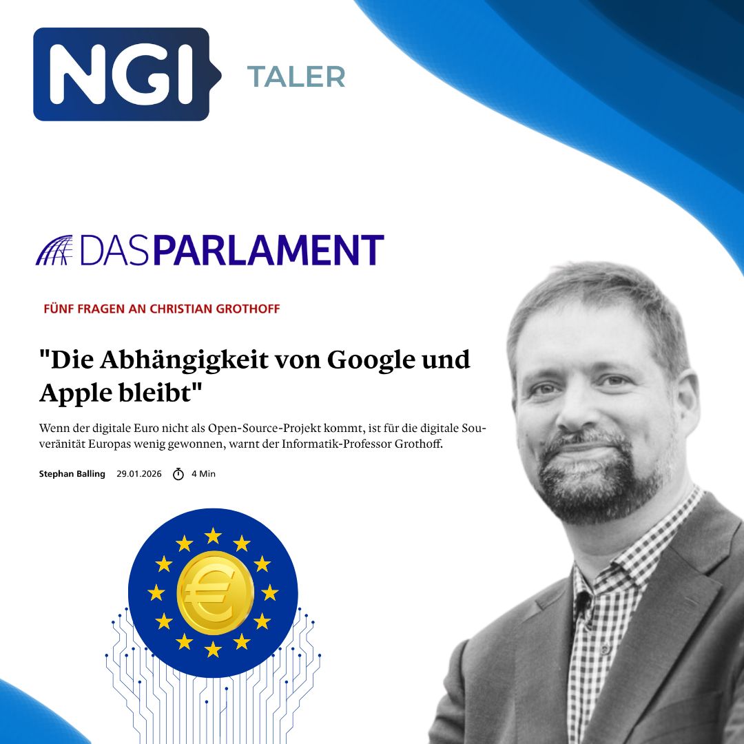 Promotional graphic for an interview in Das Parlament. On the right, a black-and-white portrait of computer science professor Christian Grothoff wearing a jacket and checkered shirt. On the left, the headline reads “Die Abhängigkeit von Google und Apple bleibt” (Dependency on Google and Apple remains). Above are the logos of NGI TALER and Das Parlament. Below the headline is a short subtitle about digital sovereignty and the digital euro, alongside a stylized euro symbol surrounded by EU stars and digital circuit lines on a blue-and-white background.