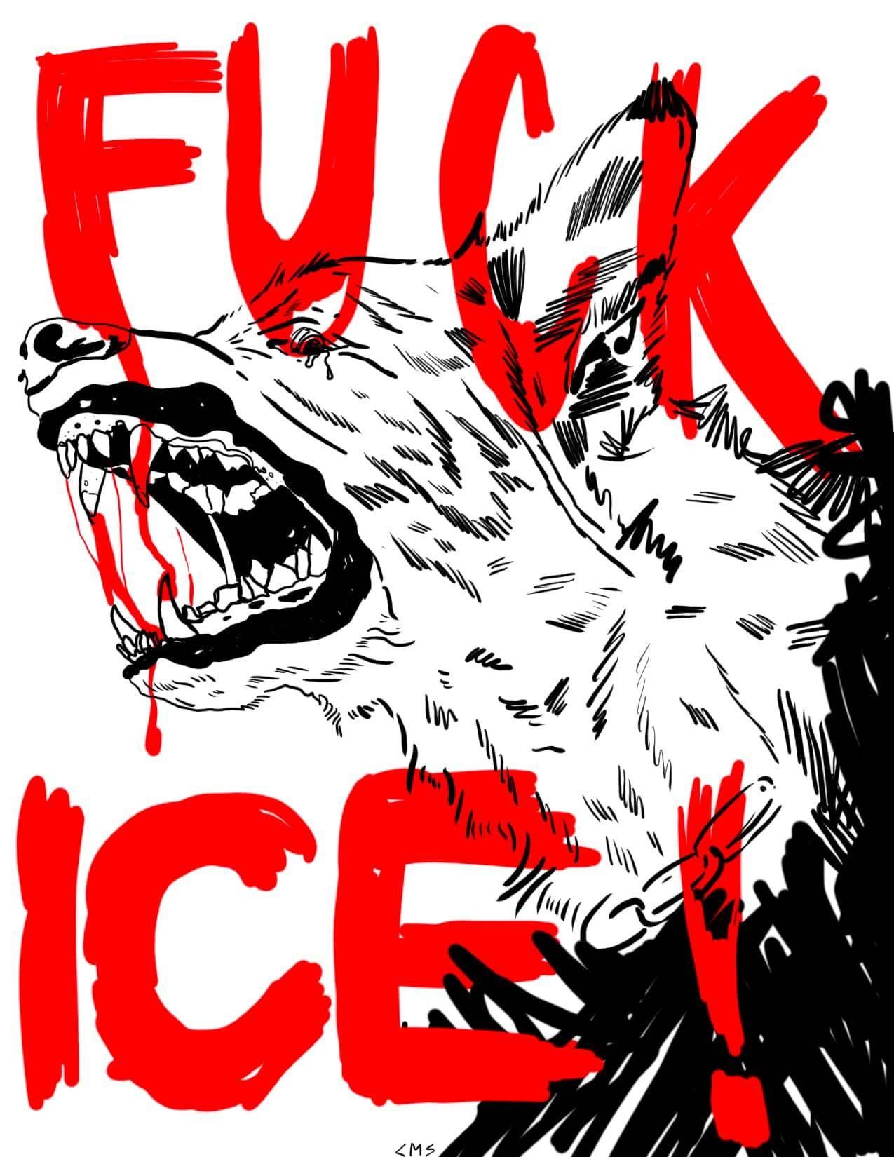 A line drawing of a wolf with red blood letters that say FUCK ICE! 